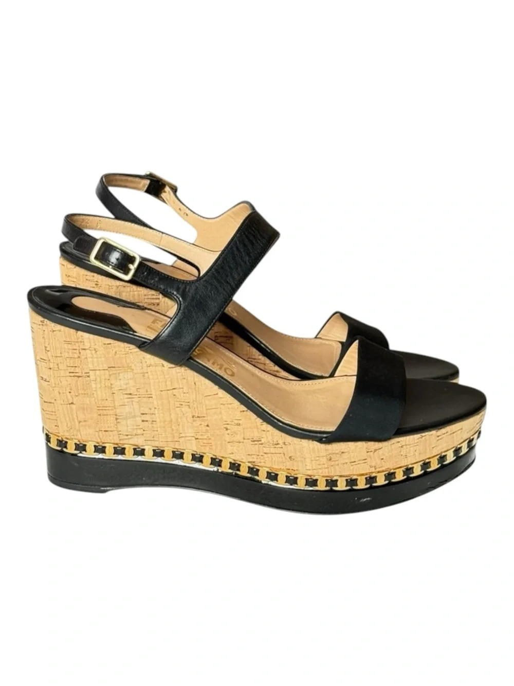 Salvatore Ferragamo ꔘ Mollie Chain Platform Wedge Sandals ꔘ Black Leather ꔘ 9.5B